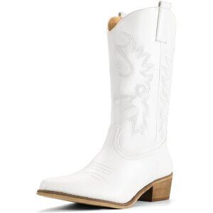 Women White Manmade Material Mid Calf Embroidered Low Heel Pointed Toe Boots